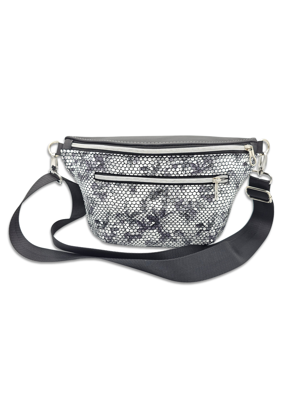 Crossbody Bag Big Clivia in Strukturleder Schwarz-Weiß mit Blüten