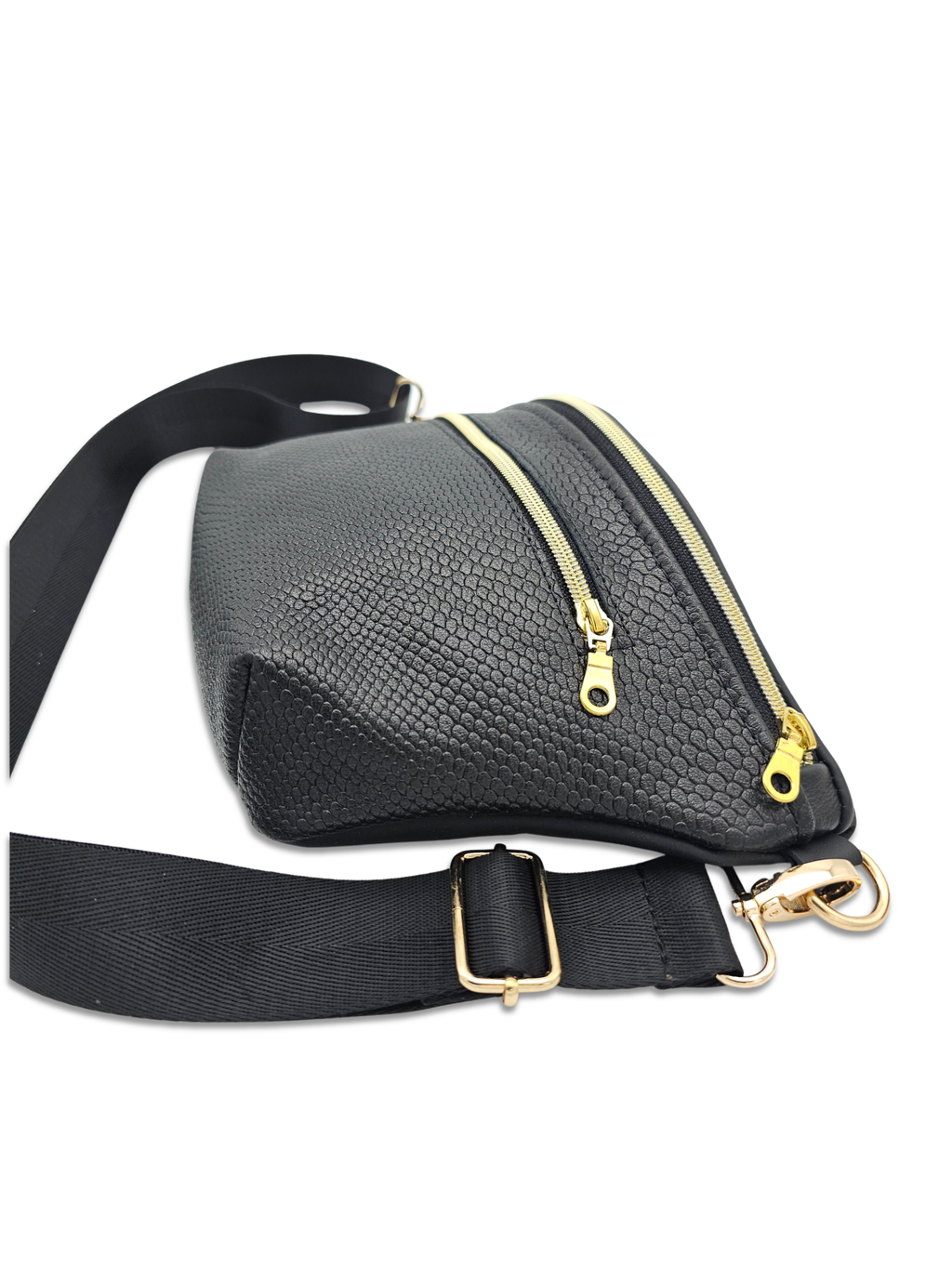 Crossbody Bag Big Clivia in Strukturleder mit Reptilprägung Schwarz & Golddetails