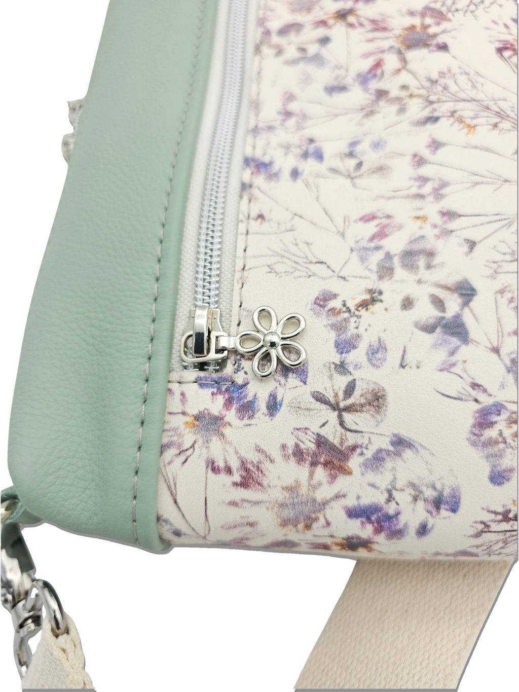 Lederhandtasche Anke in Cremebeige mit Blumen & Salbei