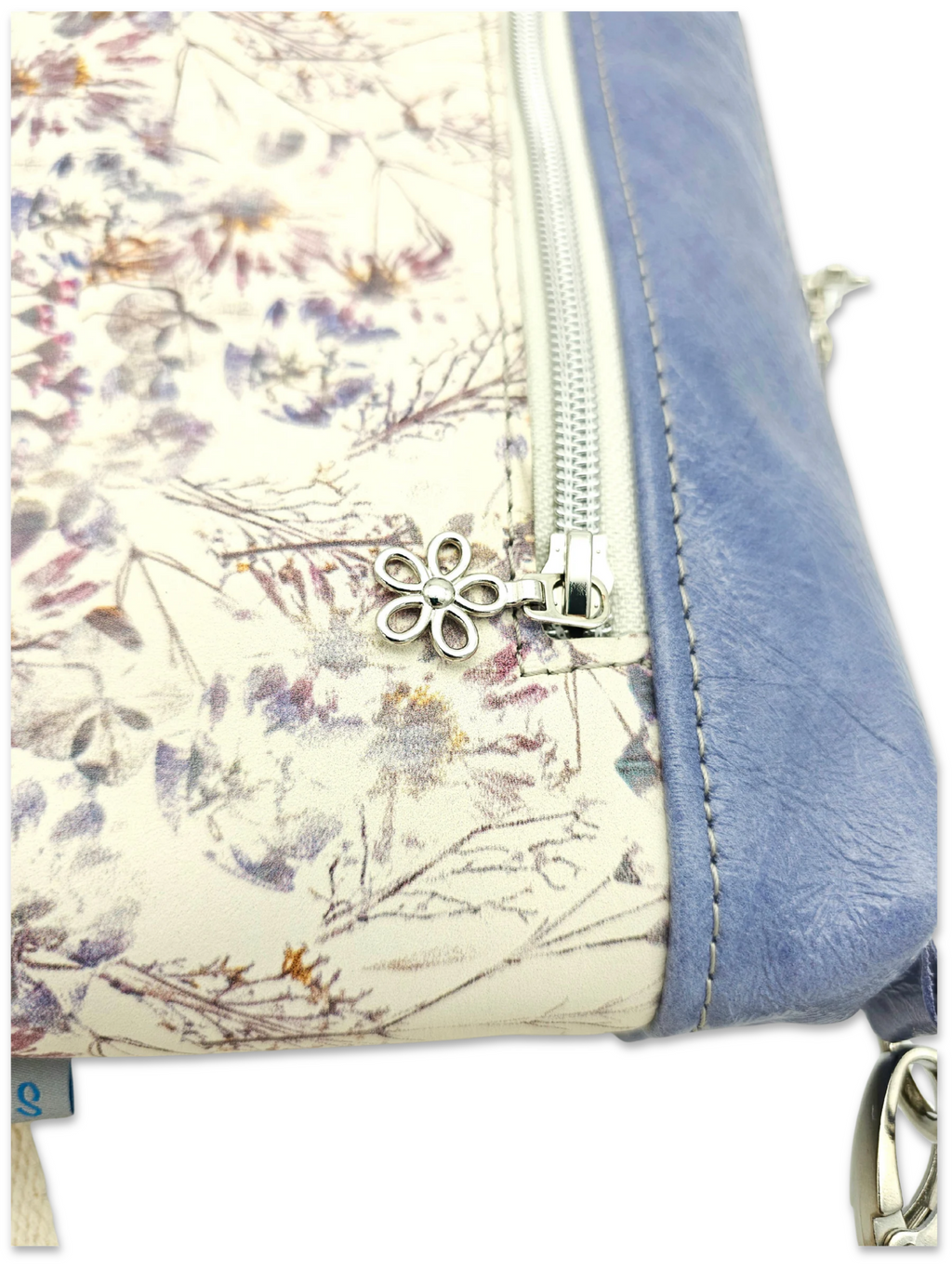 Lederhandtasche Anke in Cremebeige mit Blumen & Hellblau